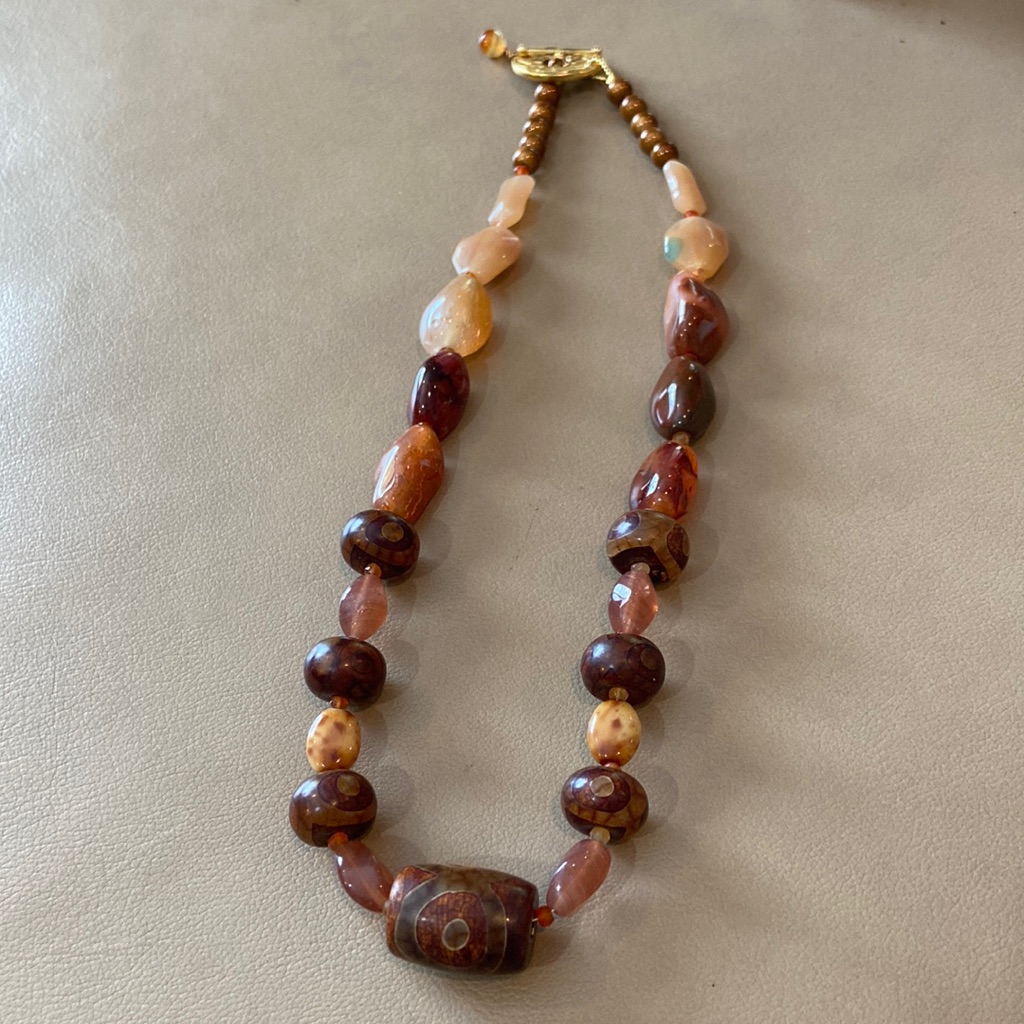 Dzi And Agate Bead Necklace W Gold Tone Toggle Clasp Great Fall Colors 42$